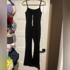 Qinsen Black Spaghetti-Strap Flare Jumpsuit